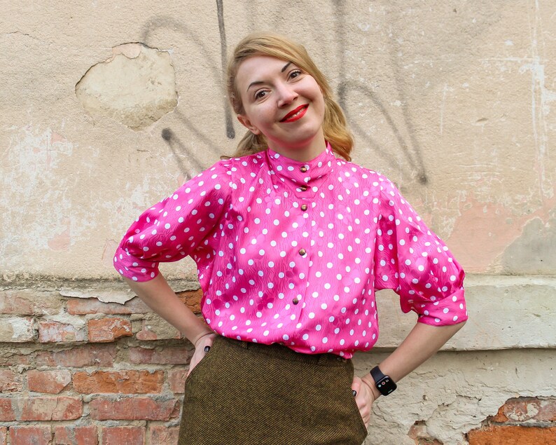 Vintage Feminine Vintage Pink Polka Pot Blouse Romantic Puff Sleeve Top image 9