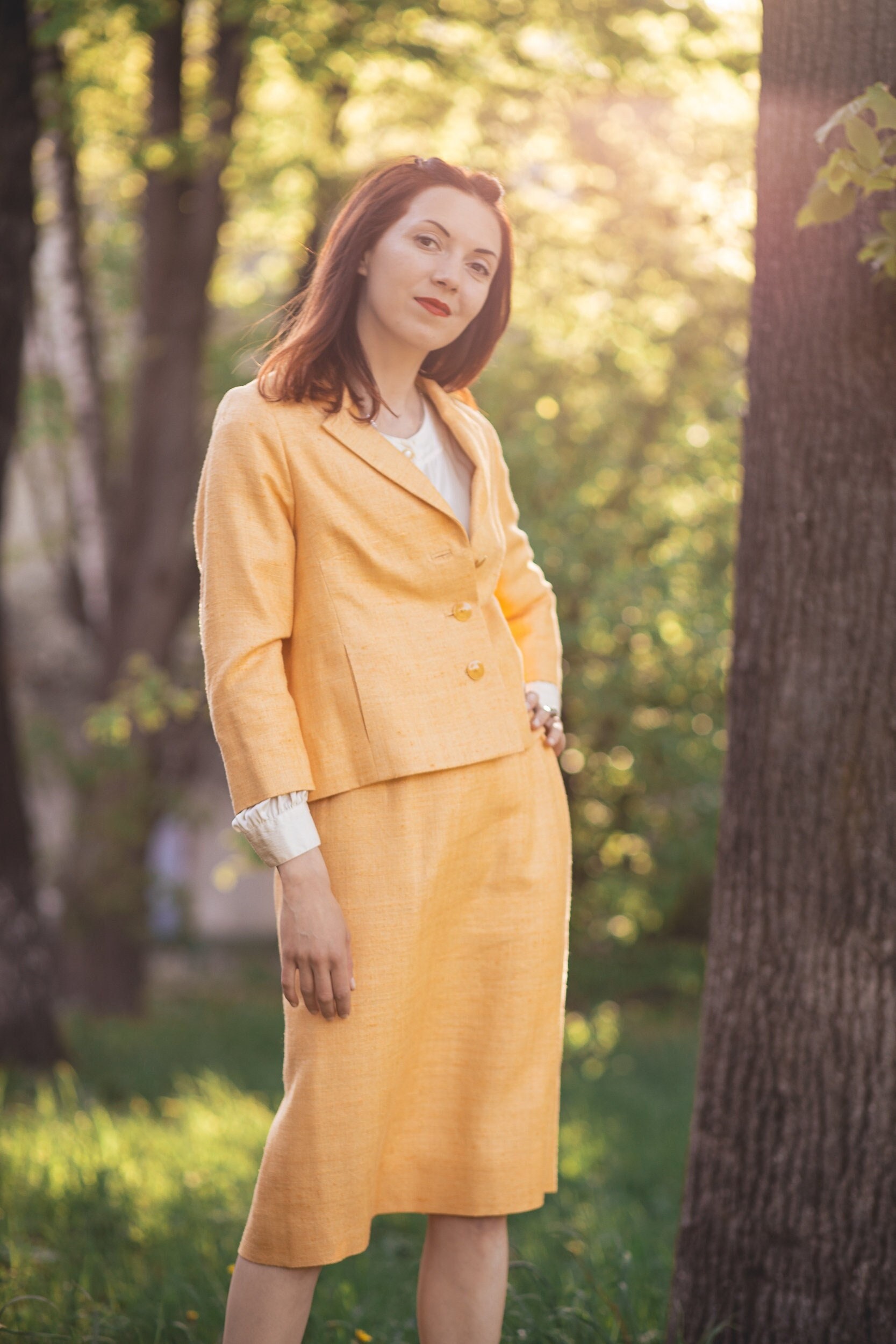 Elegant Vintage Yellow Linen Skirt Suit for Women Retro Chic Outfit Etsy Australia