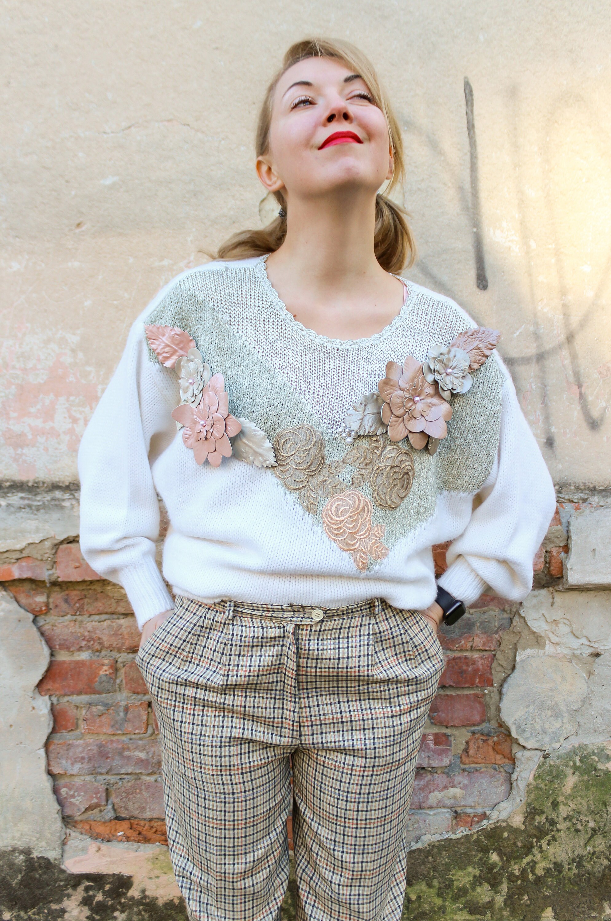 Suéter vintage lindo jersey floral blanco Etsy