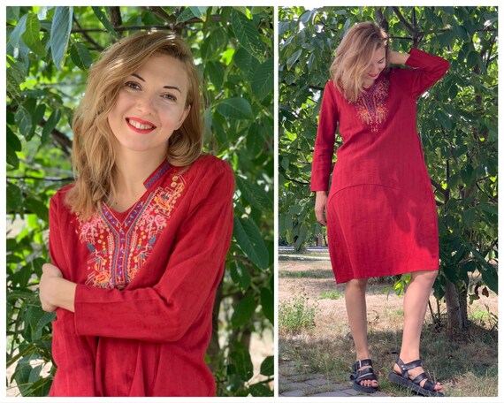 Vintage dress Red Linen dress Embroidered dress Bo