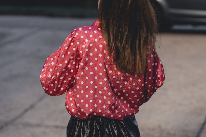 Vintage Feminine Vintage Pink Polka Pot Blouse Romantic Puff Sleeve Top image 6