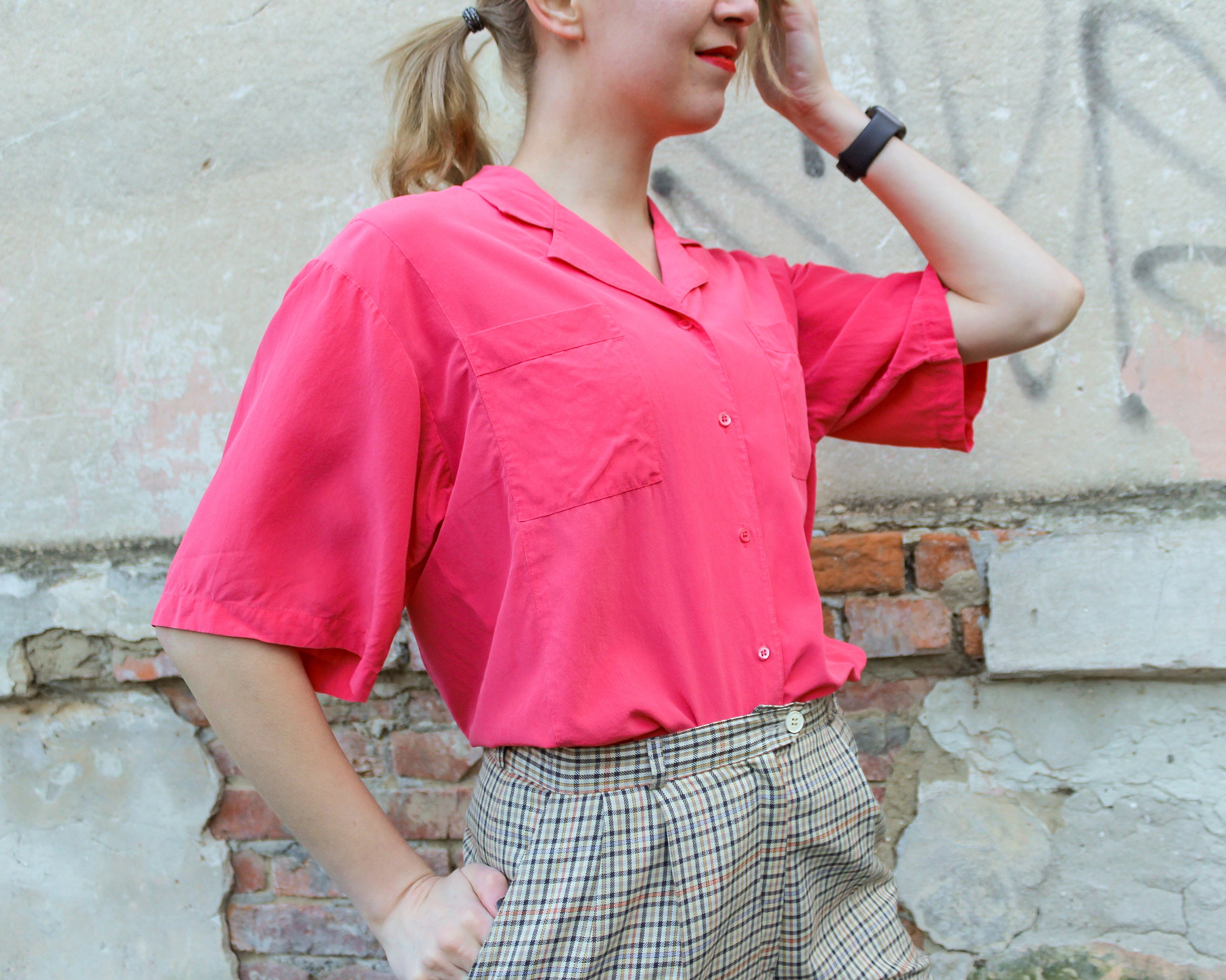 Vintage Silk Shirt 100% Fuchsia Pink 
