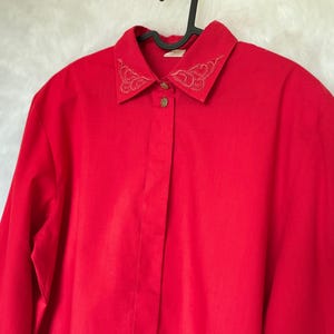 Vintage Red Blouse with Embroidered Collar. Classic Elegant Button Up shirt
