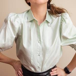 100% Silk Vintage Blouse: Light Green Puff Sleeve Button Up - Retro Fashion Chic