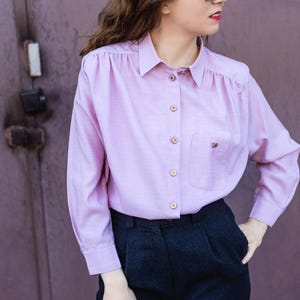 Vintage Womens Blouse - Pale Pink Wool - Classic Elegant Button Up Shirt for Women