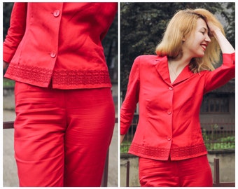 Retro Vintage Red Linen Pants Suit for Women - Trendy and Stylish