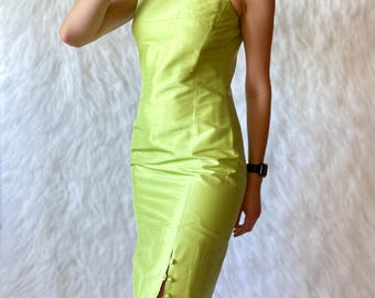 Vintage 90s Silk Pencil Dress - Light Green Cocktail Slit Sundress