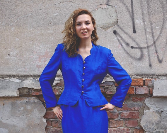 Vintage skirt suit Amazing Woman's suit Blue Silk