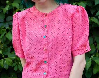 Charming Retro Pink Polka Dot Blouse: Perfect for a Vintage-Inspired Look