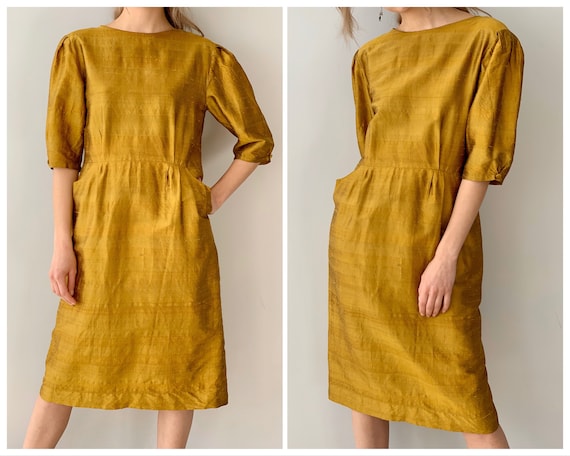 Vintage silk dress Yellow silk dress Gold silk dre