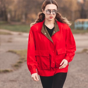 Vintage silk bomber jacket. Oversize unisex bomber jacket. Red bomber jacket women. 80s clothing, 90s grunge clothing image 7