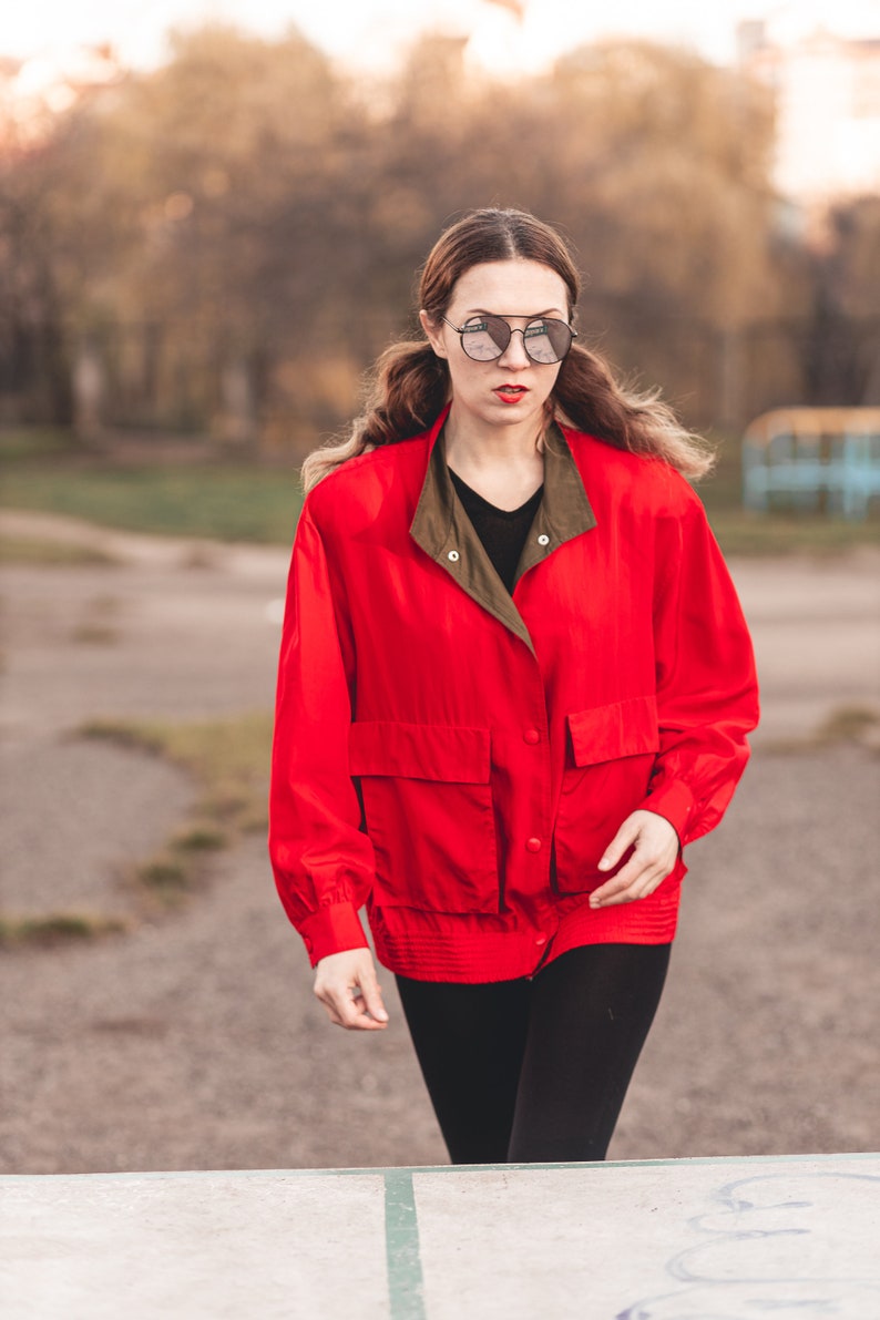 Vintage silk bomber jacket. Oversize unisex bomber jacket. Red bomber jacket women. 80s clothing, 90s grunge clothing image 7