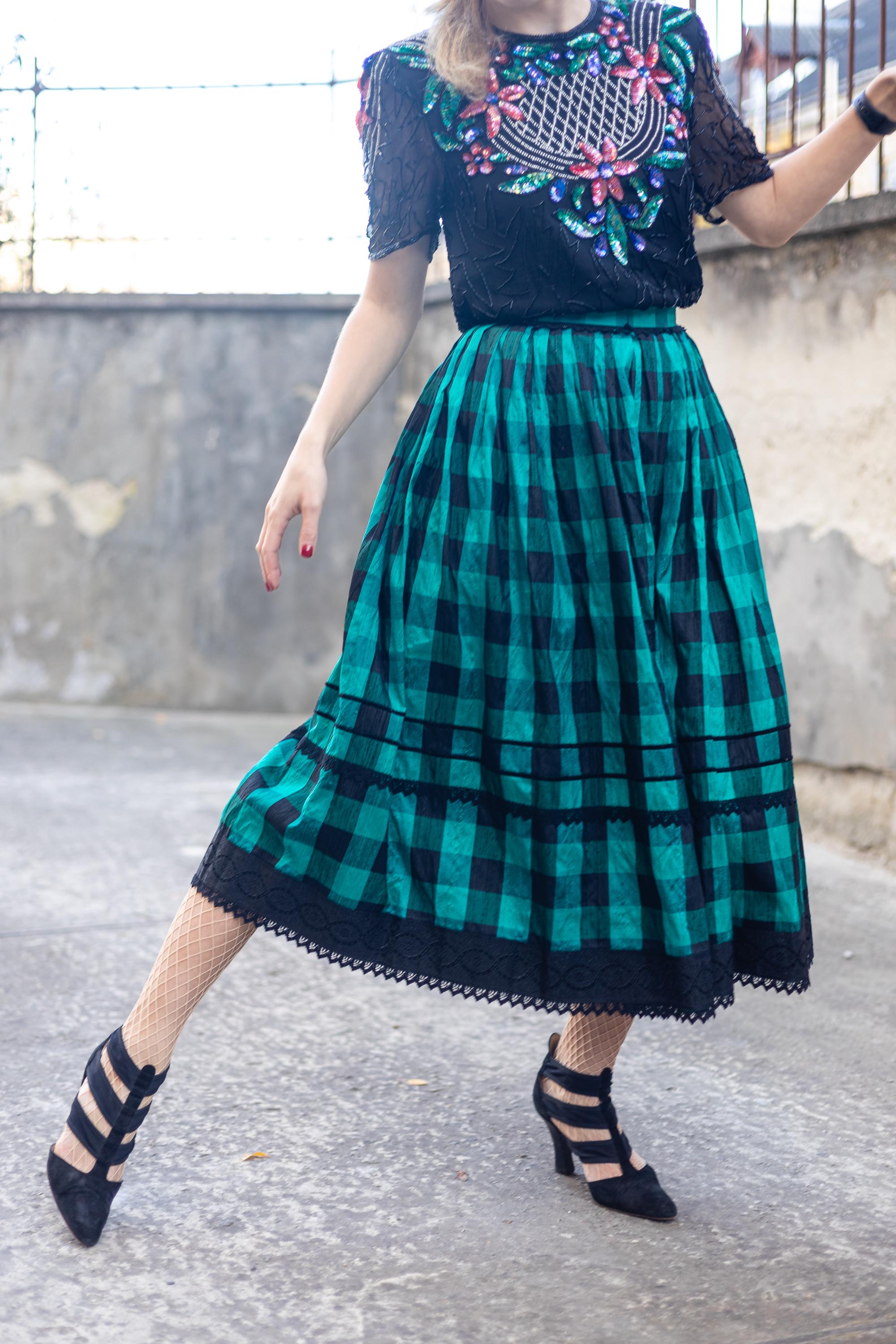 Vintage Green Silk Plaid Skirt with Lace Trim