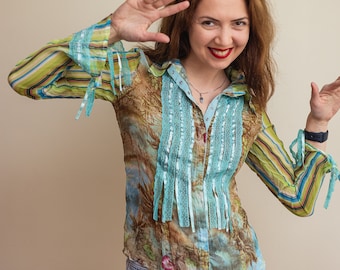 Vintage Italian Chiffon Button Up Blouse - Colorful and Funky Women's Top