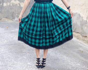 Vintage Silk Plaid Skirt - Dark Cottagecore Plaid Green Skirt