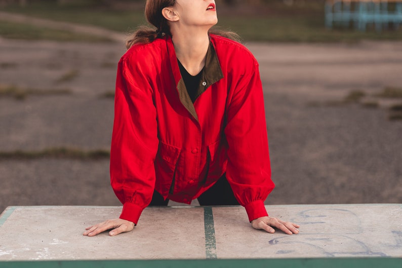 Vintage silk bomber jacket. Oversize unisex bomber jacket. Red bomber jacket women. 80s clothing, 90s grunge clothing image 8