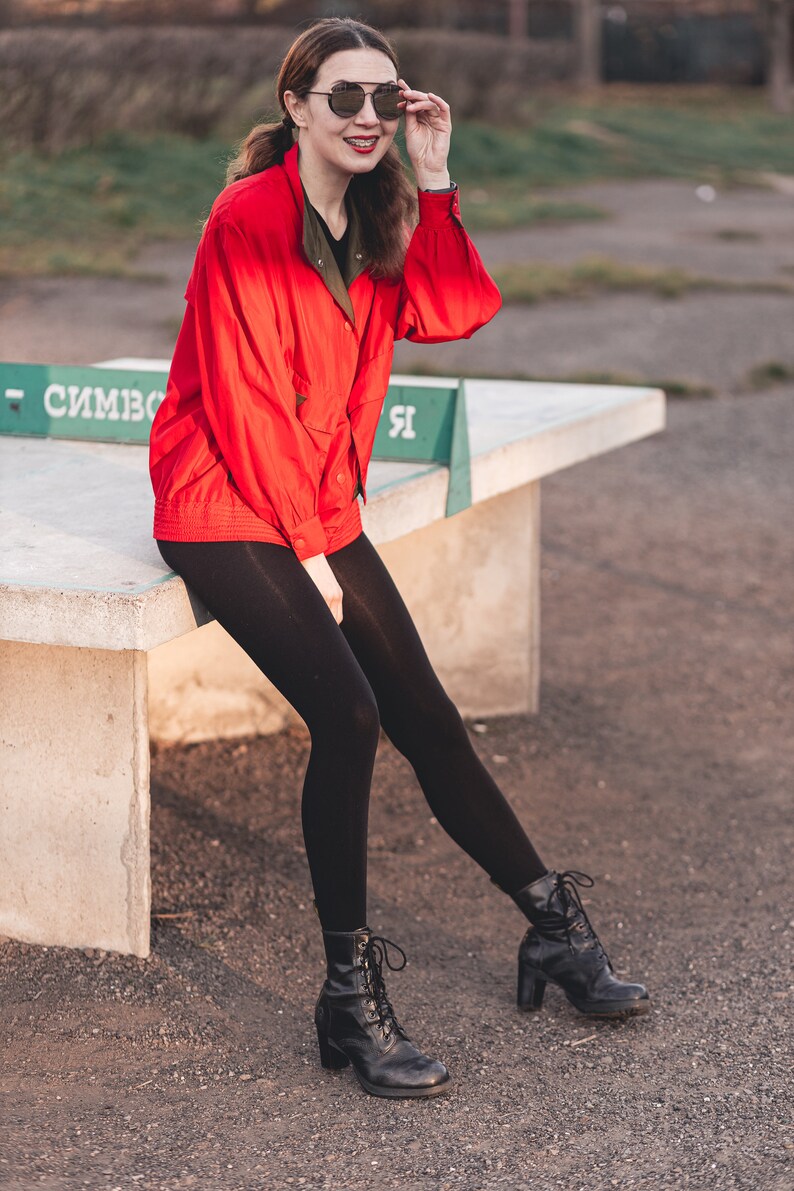 Vintage silk bomber jacket. Oversize unisex bomber jacket. Red bomber jacket women. 80s clothing, 90s grunge clothing image 4