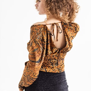 Vintage Womens Blouse - Velvet Top with Leopard Print - Animalistic Look