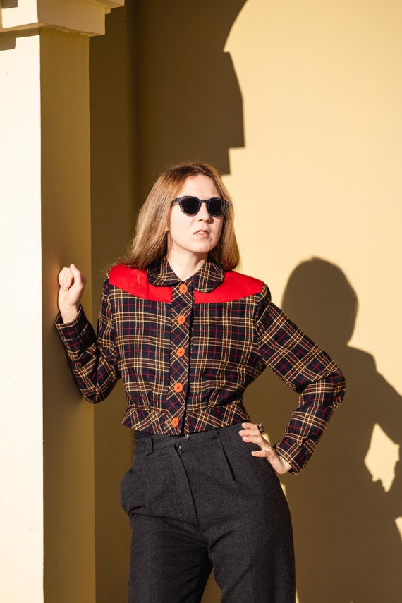 Vintage Short Jacket Red-trimmed Checkered Bomber Jacket