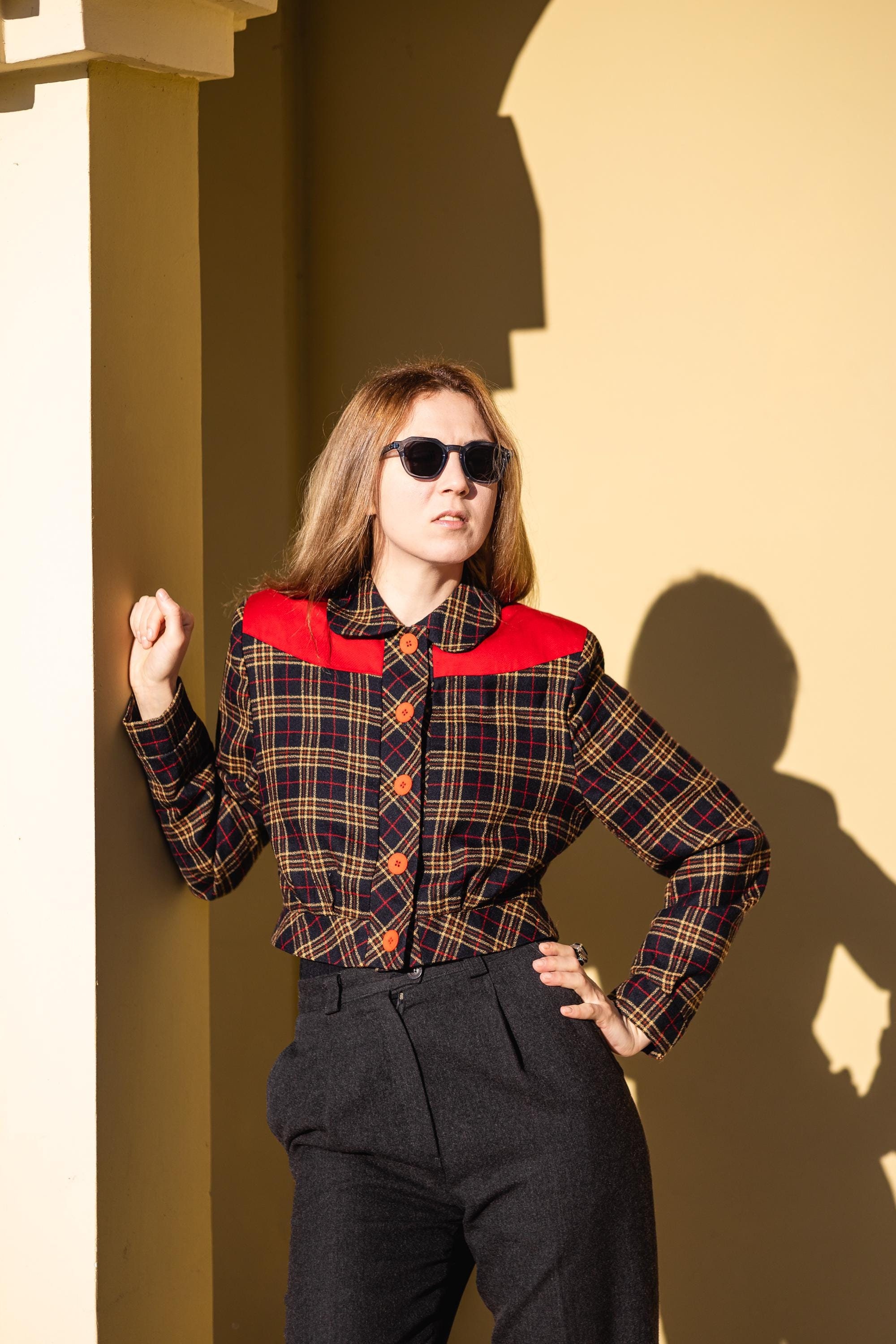Vintage Short Jacket - Red-trimmed Checkered Bomber Jacket - Etsy