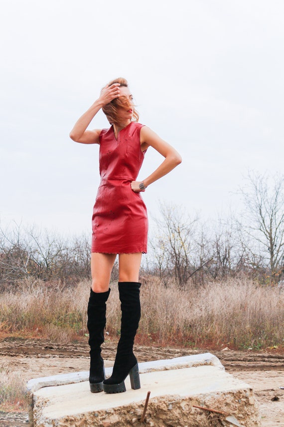 Vintage leather dress Grunge dress Red leather dre