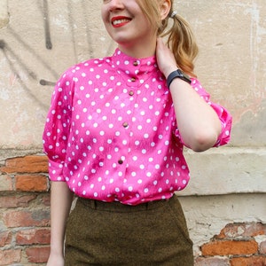 Vintage Feminine Vintage Pink Polka Pot Blouse Romantic Puff Sleeve Top image 7