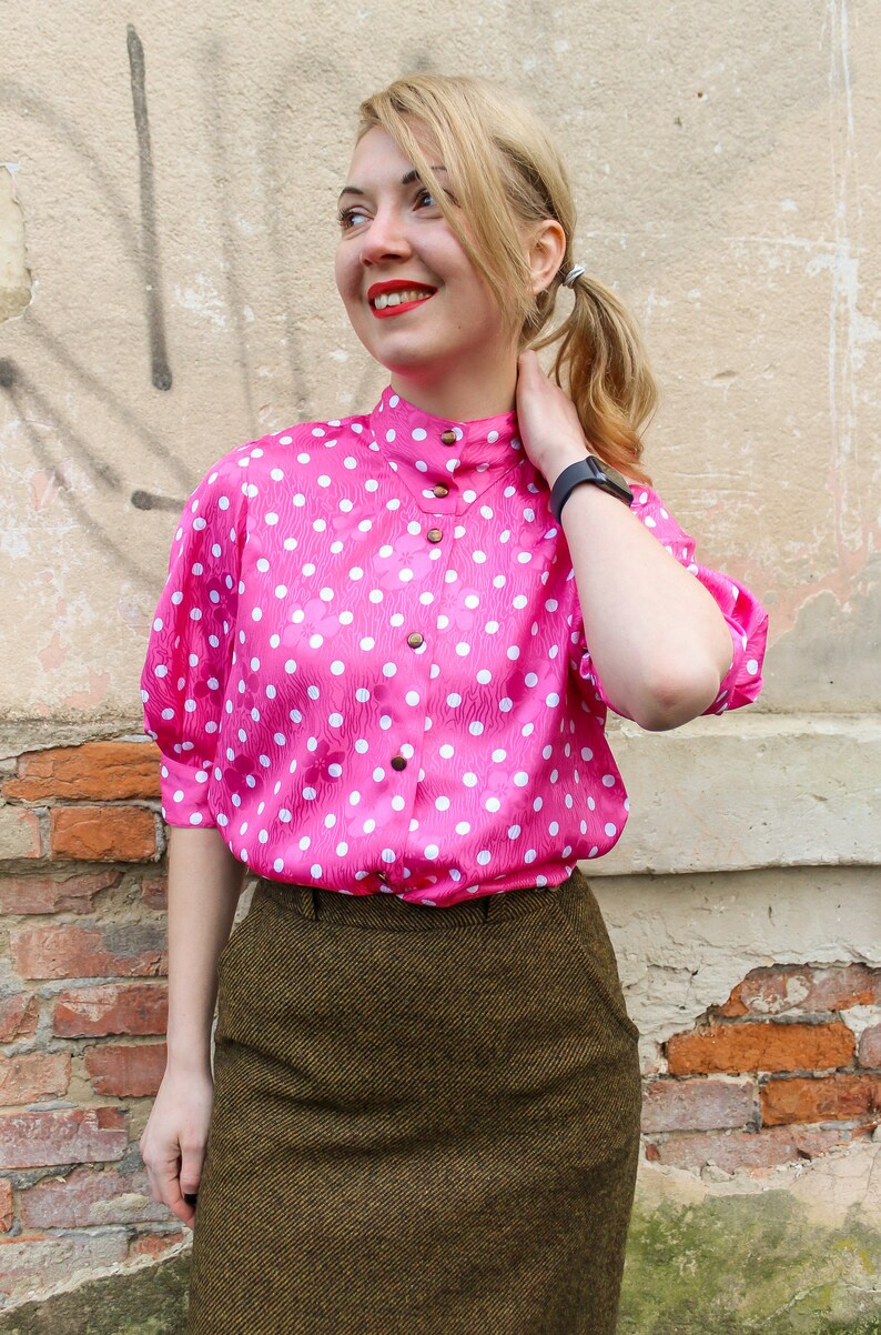 Vintage Feminine Vintage Pink Polka Pot Blouse Romantic Puff Sleeve Top image 7