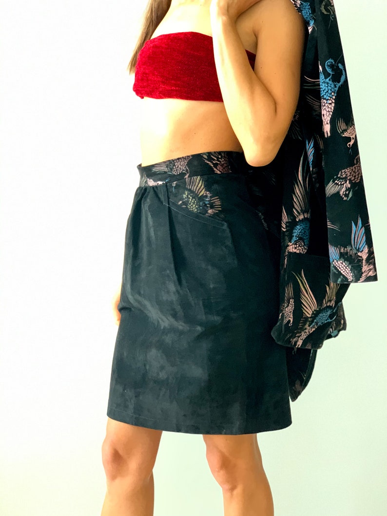 Vintage skirt suit Women/'s set skirt and jacket Black suede Oversize jacket