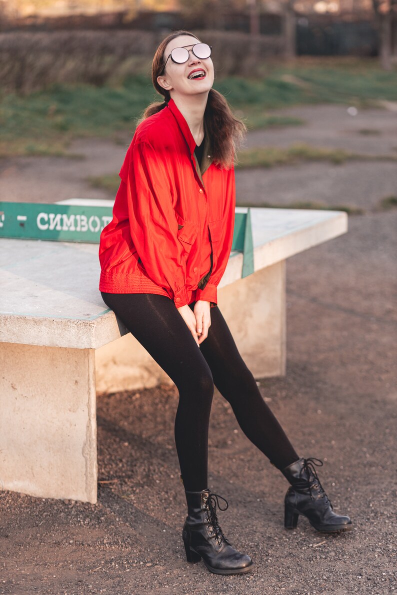 Vintage silk bomber jacket. Oversize unisex bomber jacket. Red bomber jacket women. 80s clothing, 90s grunge clothing image 5