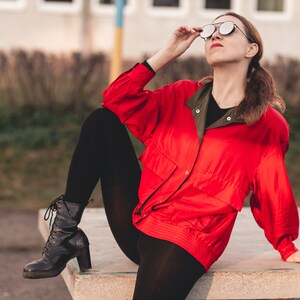 Vintage silk bomber jacket. Oversize unisex bomber jacket. Red bomber jacket women. 80s clothing, 90s grunge clothing image 2