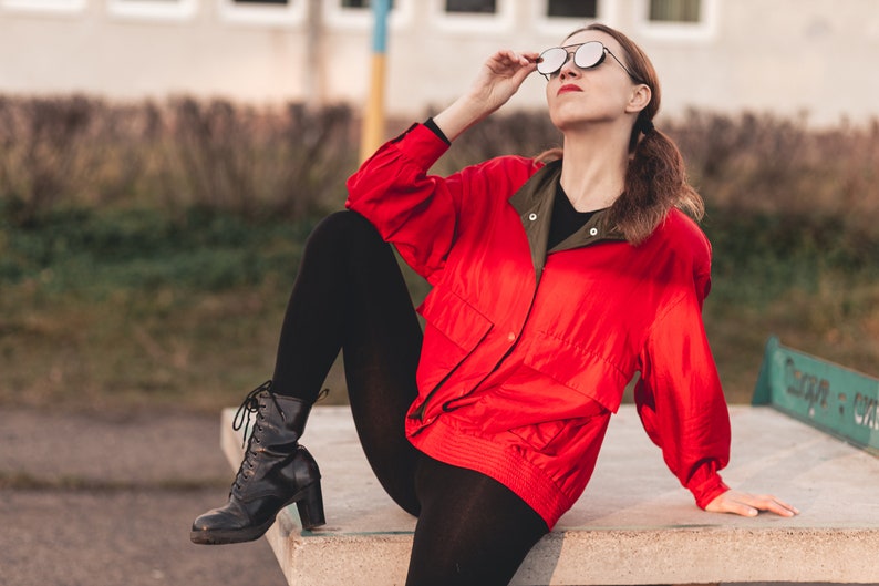 Vintage silk bomber jacket. Oversize unisex bomber jacket. Red bomber jacket women. 80s clothing, 90s grunge clothing image 2