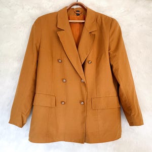 Vintage Womens Blazer - Double-Breasted Linen Jacket in Mustard Beige