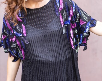 Vintage Silk Beaded Sequin Blouse - Sheer Black Top, Made in India