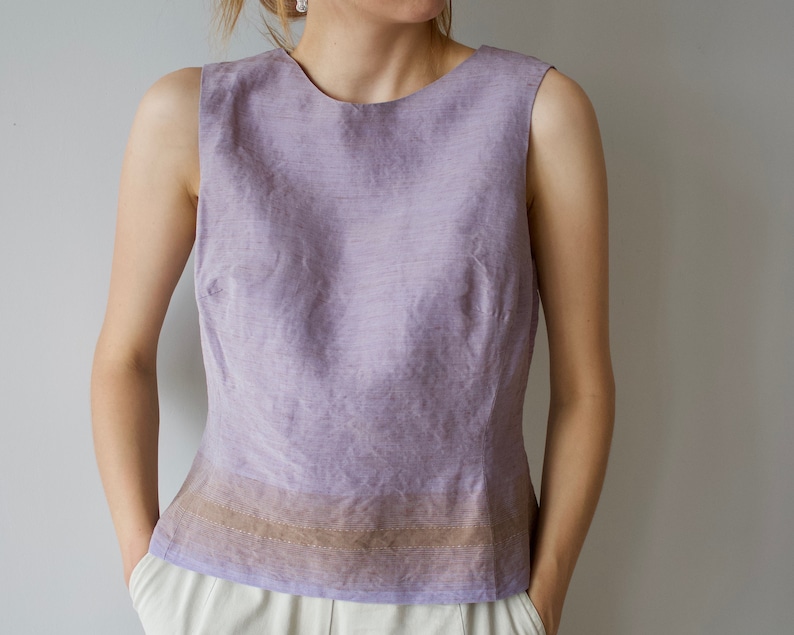Vintage linen silk top Lavender tank top Vintage blouse Lavender blouse Sleeveless blouse