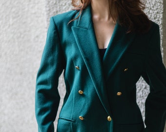 Elegant Vintage Dark Green Wool Cashmere Blazer Jacket for Women - Stylish Outerwear