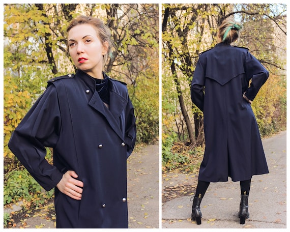 Vintage trench coat navy blue coat Wool coat Retro