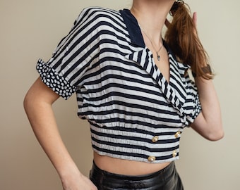 Vintage Silk Wrap Blouse - White and Black Striped - Louis Feraud Design