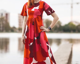 Vintage Red Cotton Dress - Short Sleeve Maxi Long dress for Summer