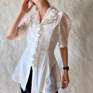 Vintage White Ruffled Blouse with Puff Sleeves – French Elegance