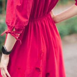 Vintage red cotton dress. Summer petite cottagecore dress. Shirt dress midi A line. Eyelet dress image 6