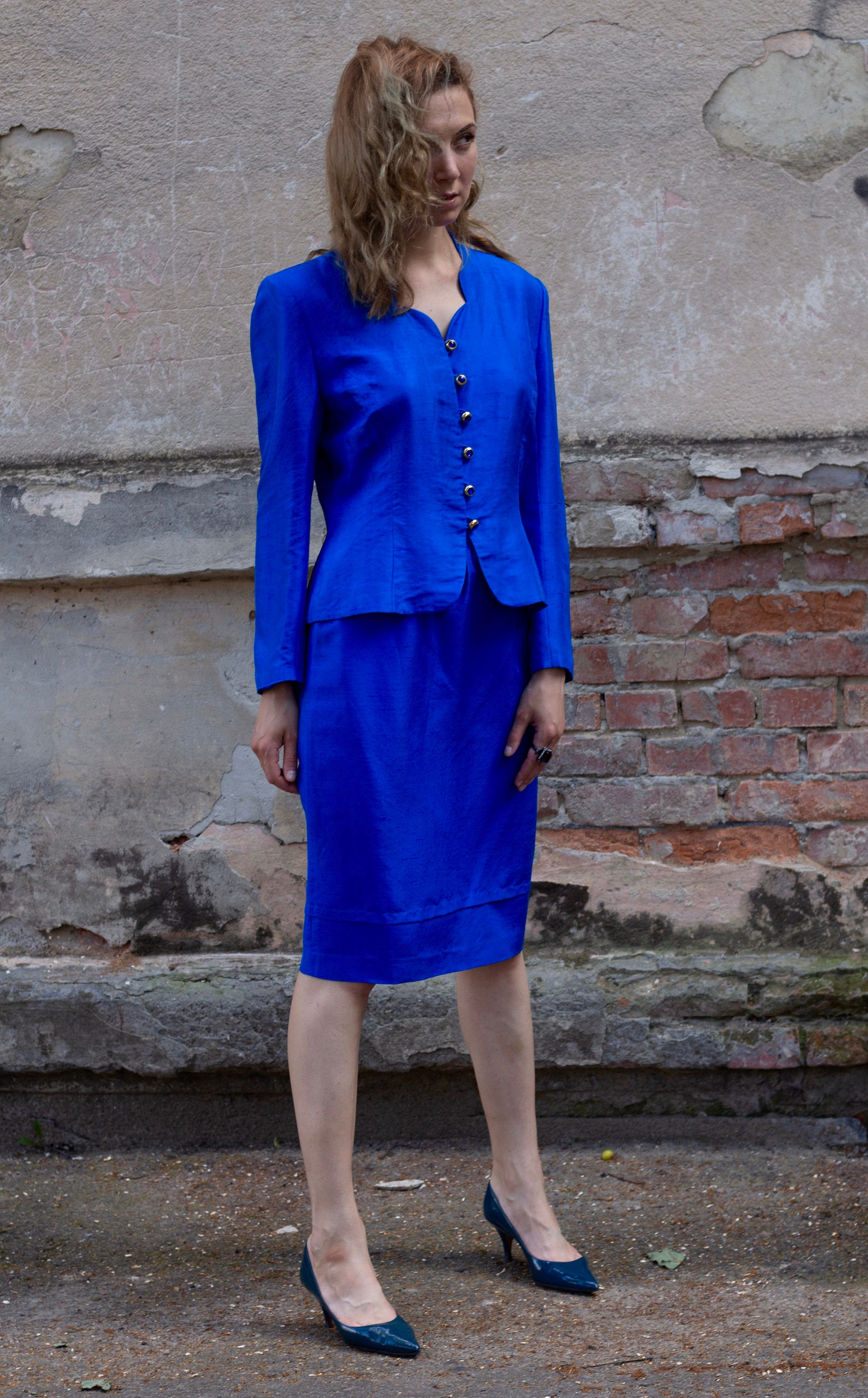 Vintage skirt suit Amazing Woman's suit Blue Silk skirt | Etsy
