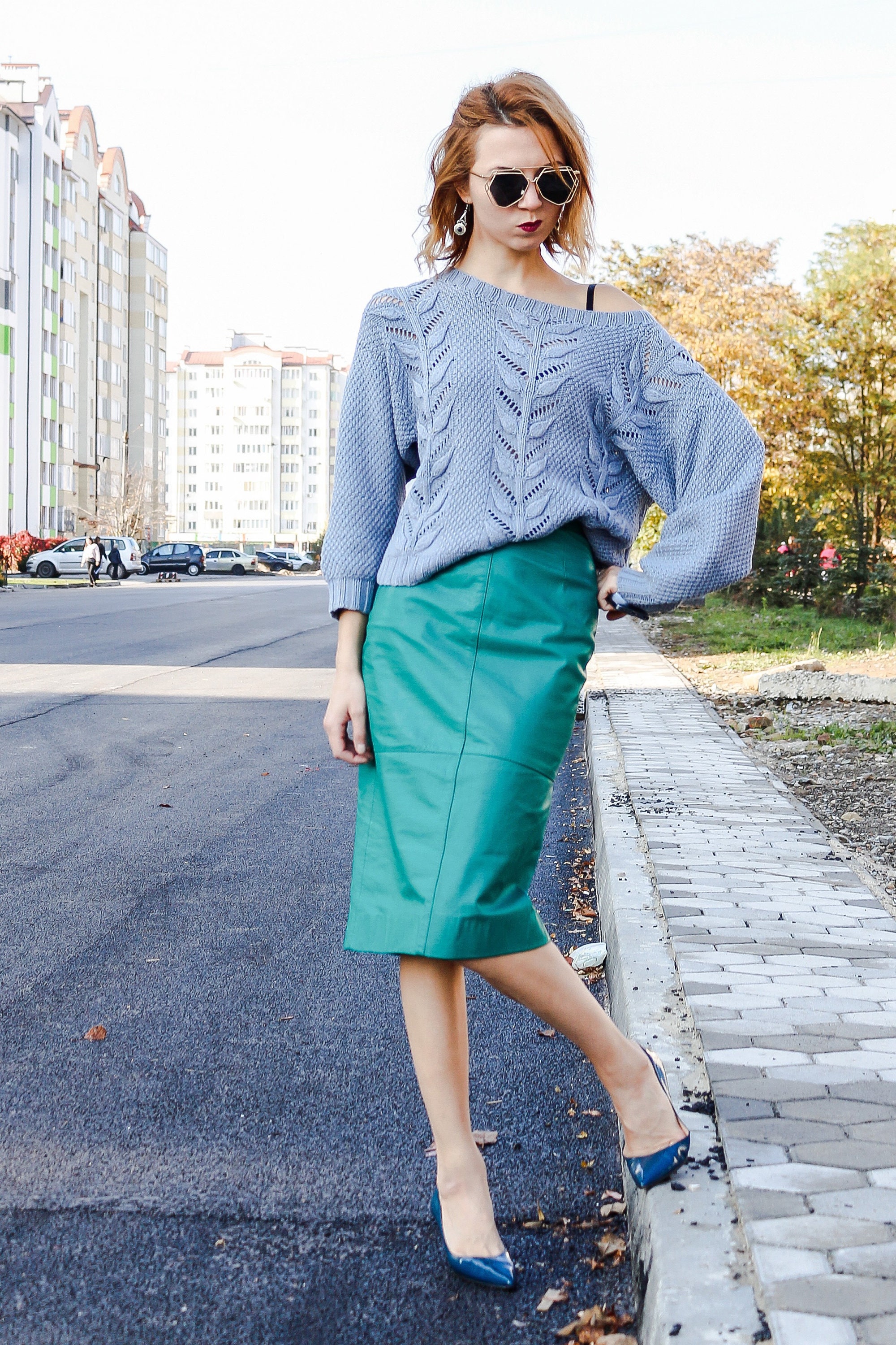 Vintage leather Made in Korea Green leather skirt Pencil skirt Etsy