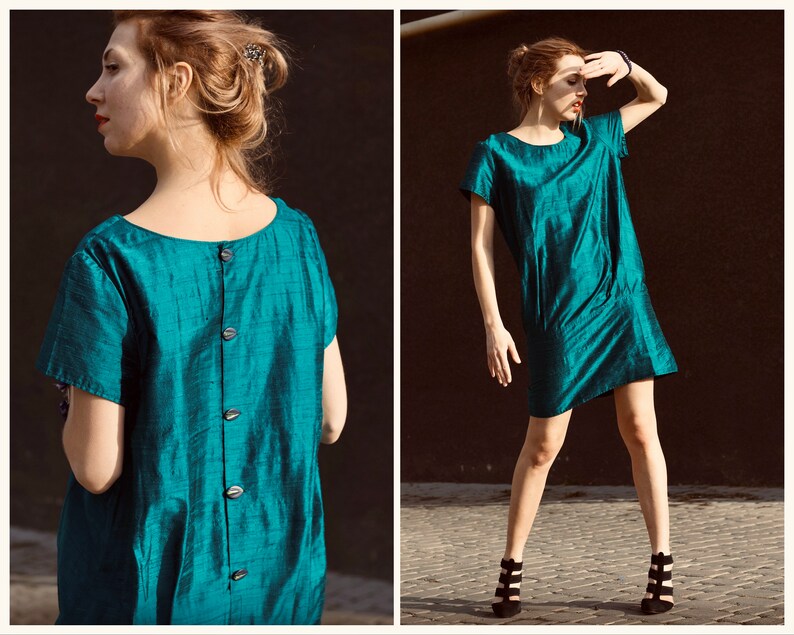 Vintage silk dress Green silk dress Taffeta dress Button up Etsy