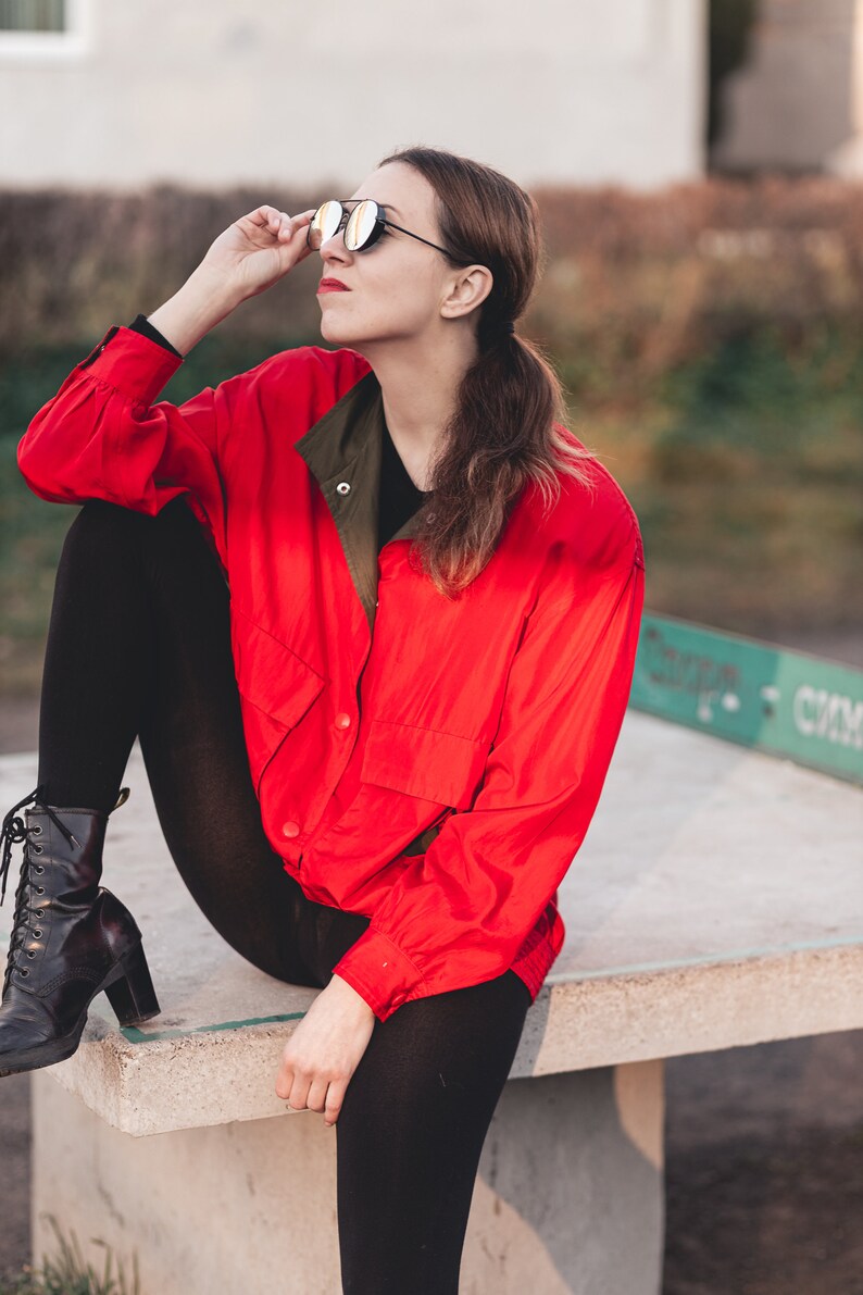 Vintage silk bomber jacket. Oversize unisex bomber jacket. Red bomber jacket women. 80s clothing, 90s grunge clothing image 9