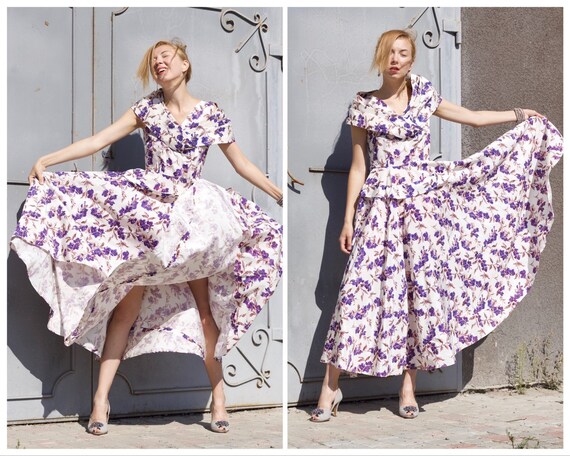 Vintage dress Evening party dress Flare dress Flor