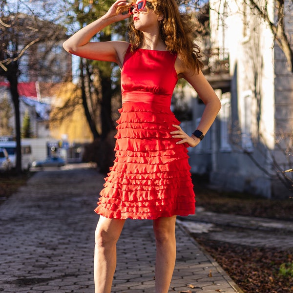 Vintage Red Silk Midi Dress with Charming Ruffle Skirt