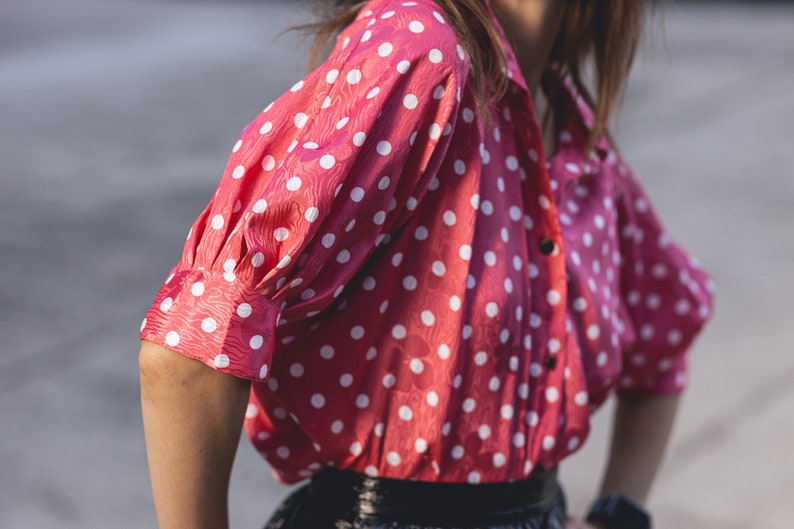 Vintage Feminine Vintage Pink Polka Pot Blouse Romantic Puff Sleeve Top image 4