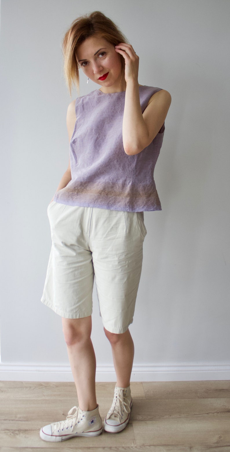 Vintage linen silk top Lavender tank top Vintage blouse Lavender blouse Sleeveless blouse