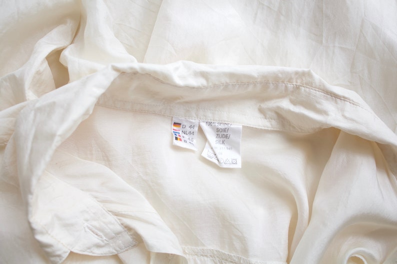 Vintage silk blouse woman ivory button up shirt pure silk Long sleeve silk shirt