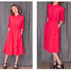 Vintage red cotton dress. Summer petite cottagecore dress. Shirt dress midi A line. Eyelet dress image 7